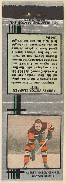 Aubrey Victor Clapper, Boston Bruins, from Silver Hockey Players Match Cover design series (U9) issued by Diamond Match Company, The Diamond Match Company, Printed matchbook 