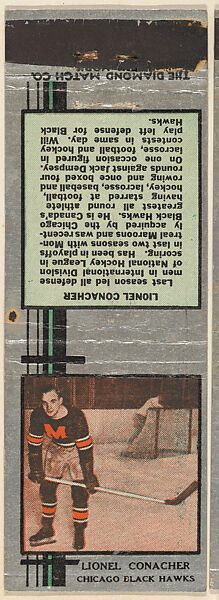 Lionel Conacher, Chicago Black Hawks, from Silver Hockey Players Match Cover design series (U9) issued by Diamond Match Company, The Diamond Match Company, Printed matchbook 