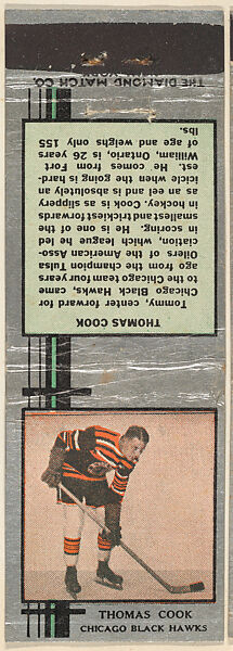 Thomas Cook, Chicago Black Hawks, from Silver Hockey Players Match Cover design series (U9) issued by Diamond Match Company, The Diamond Match Company, Printed matchbook 
