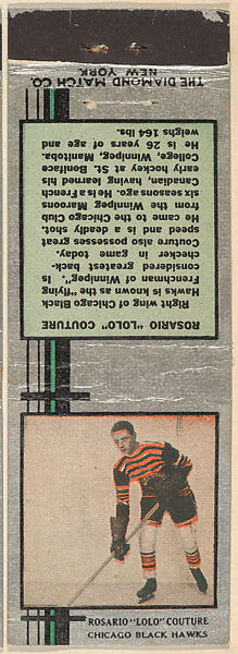 Rosario "Lolo" Couture, Chicago Black Hawks, from Silver Hockey Players Match Cover design series (U9) issued by Diamond Match Company, The Diamond Match Company, Printed matchbook 