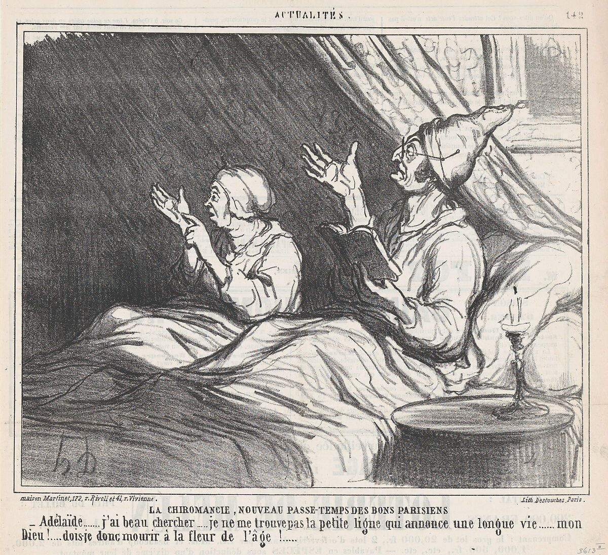 Palmistry, New Parisian Pastime, from 'News of the Day,' published in Le Charivari, February 1, 1860, Honoré Daumier (French, Marseilles 1808–1879 Valmondois), Lithograph on newsprint; second state of three (Delteil) 