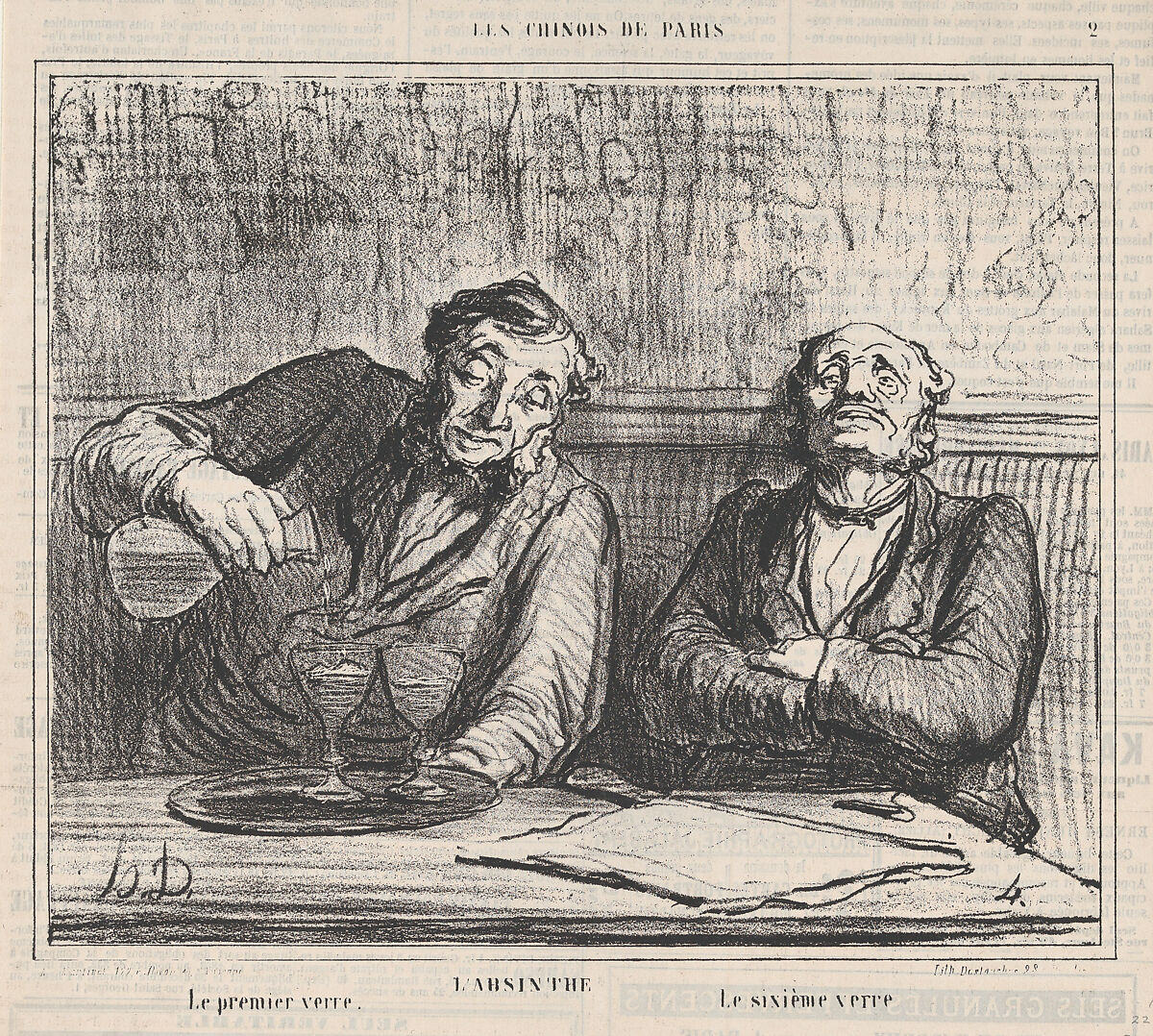 Absinthe: The first glass, the sixth glass, from 'The Chinese of Paris," published in Le Charivari, December 22, 1863, Honoré Daumier (French, Marseilles 1808–1879 Valmondois), Lithograph on newsprint; second state of two (Delteil) 