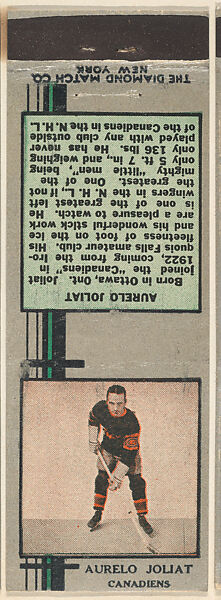 Aurelo Joliat, Canadiens, from Silver Hockey Players Match Cover design series (U9) issued by Diamond Match Company, The Diamond Match Company (American, founded 1881), Printed matchbook 