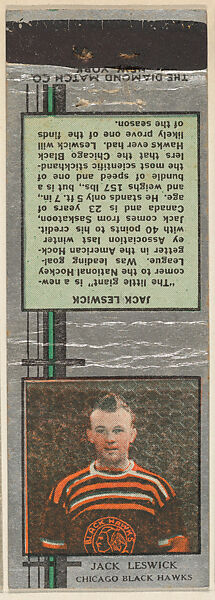 Jack Leswick, Chicago Black Hawks, from Silver Hockey Players Match Cover design series (U9) issued by Diamond Match Company, The Diamond Match Company (American, founded 1881), Printed matchbook 