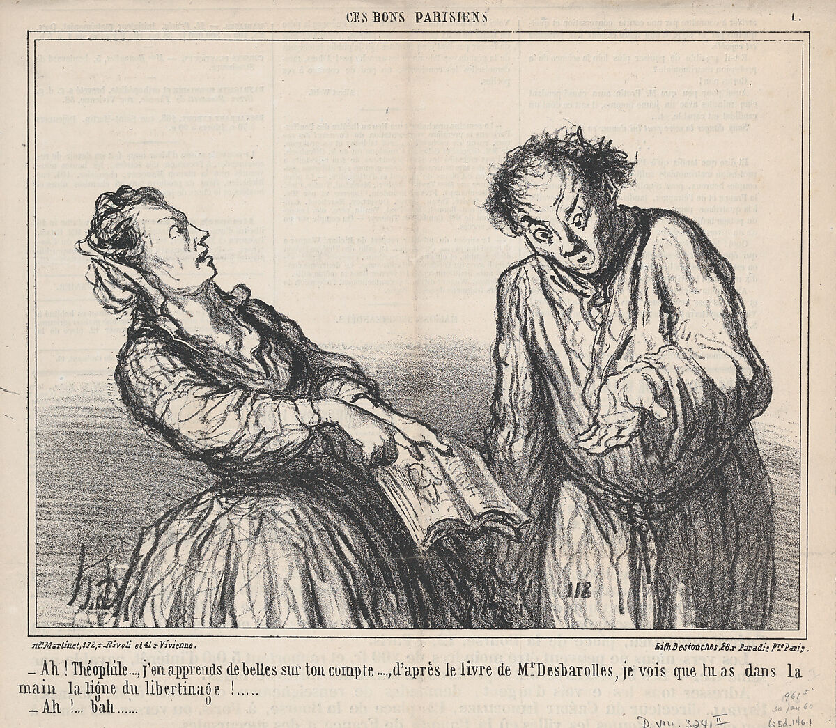 Ah, Théophile, what ghastly things I am reading about you, from 'These good Parisians,' published in Le Charivari, January 30, 1860, Honoré Daumier (French, Marseilles 1808–1879 Valmondois), Lithograph on newsprint; second state of three (Delteil) 