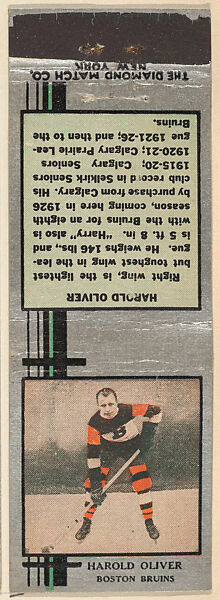 Harold Oliver, Boston Bruins, from Silver Hockey Players Match Cover design series (U9) issued by Diamond Match Company, The Diamond Match Company, Printed matchbook 