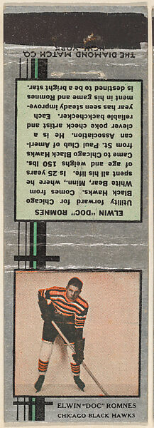 Elwin "Doc" Romnes, Chicago Black Hawks, from Silver Hockey Players Match Cover design series (U9) issued by Diamond Match Company, The Diamond Match Company, Printed matchbook 