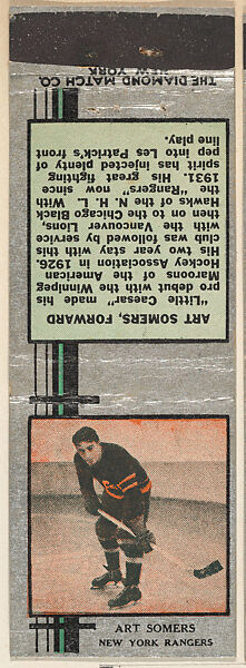 Art Somers, New York Rangers, from Silver Hockey Players Match Cover design series (U9) issued by Diamond Match Company, The Diamond Match Company, Printed matchbook 
