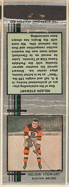 Nelson Stewart, Boston Bruins, from Silver Hockey Players Match Cover design series (U9) issued by Diamond Match Company, The Diamond Match Company, Printed matchbook 