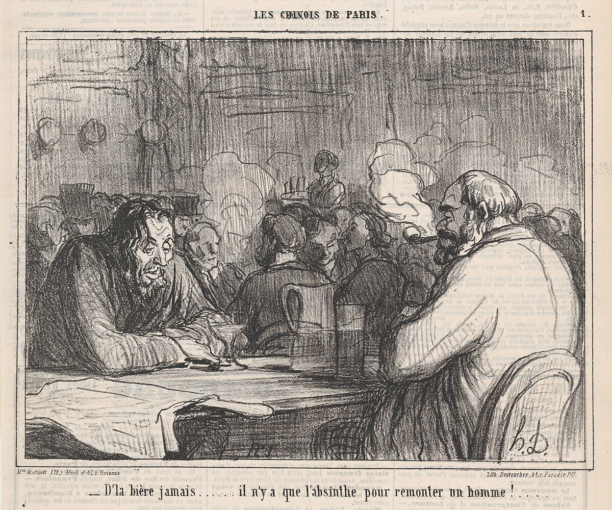 Beer? Never! Only absinthe can put a fellow back on his feet, from 'The Chinese of Paris,' published in Le Charivari, December 18, 1863, Honoré Daumier (French, Marseilles 1808–1879 Valmondois), Lithograph on newsprint; second state of two (Delteil) 