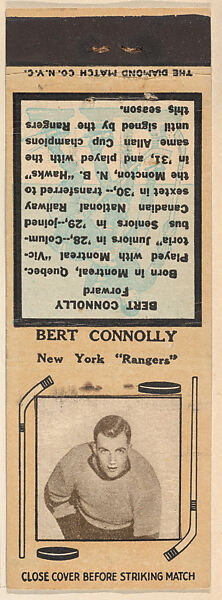 Bert Connolly, New York Rangers, from Yellow/Tan Hockey Players Match Cover design series (U10) issued by Diamond Match Company, The Diamond Match Company, Printed matchbook 
