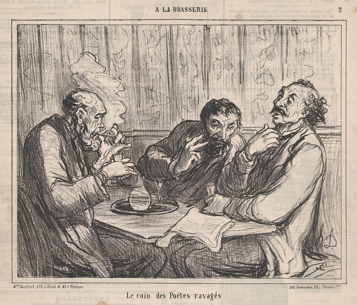 The ravaged poets' corner, from 'In the pub,' published in Le Charivari, January 7, 1864, Honoré Daumier (French, Marseilles 1808–1879 Valmondois), Lithograph on newsprint; second state of two (Delteil) 