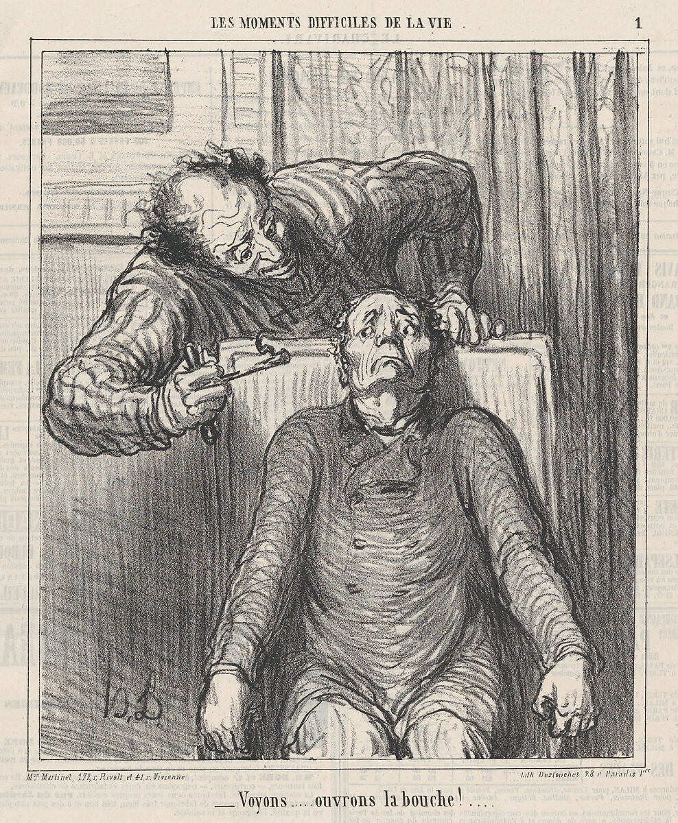 Come on... open your mouth!..., from 'The difficult moments of life,' published in Le Charivari, March 12, 1864, Honoré Daumier (French, Marseilles 1808–1879 Valmondois), Lithograph on newsprint; second state of two (Delteil) 
