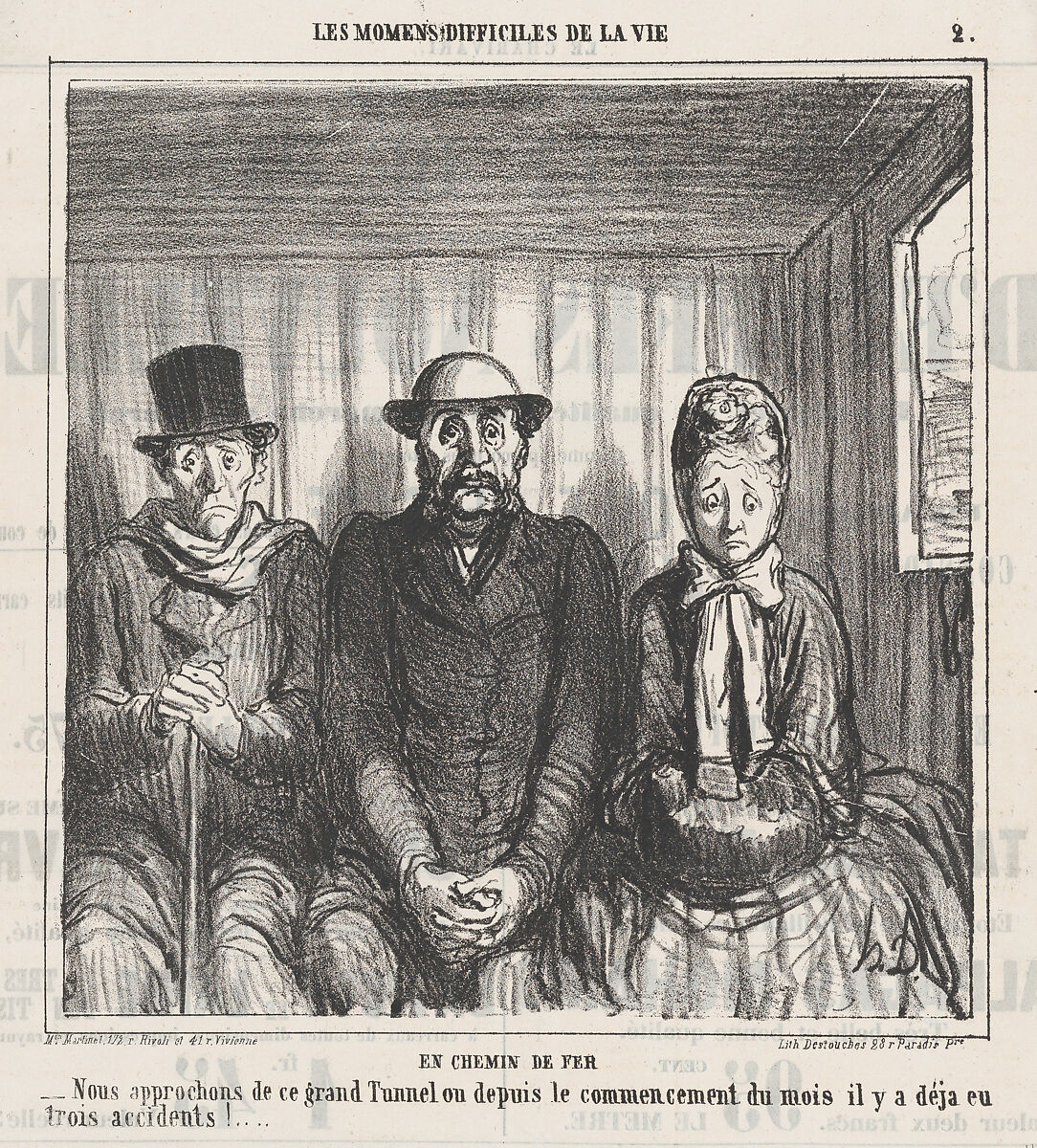 On the train, from 'The difficult moments of life,' published in Le Charivari, March 12, 1864, Honoré Daumier (French, Marseilles 1808–1879 Valmondois), Lithograph on newsprint; second state of two (Delteil) 