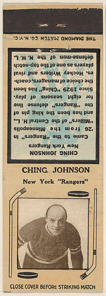 Ching Johnson, New York Rangers, from Yellow/Tan Hockey Players Match Cover design series (U10) issued by Diamond Match Company, The Diamond Match Company, Printed matchbook 