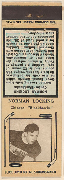 Norman Locking, Chicago Blackhawks, from Yellow/Tan Hockey Players Match Cover design series (U10) issued by Diamond Match Company, The Diamond Match Company, Printed matchbook 