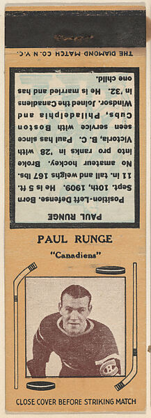 The Diamond Match Company | Paul Runge, Canadiens, from Yellow/Tan