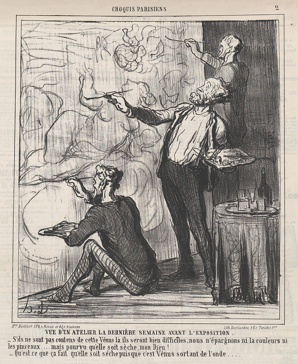 View of a studio the final week before the exhibition, from 'Parisian sketches,' published in Le Charivari, April 1, 1864, Honoré Daumier (French, Marseilles 1808–1879 Valmondois), Lithograph on newsprint; second state of two (Delteil) 