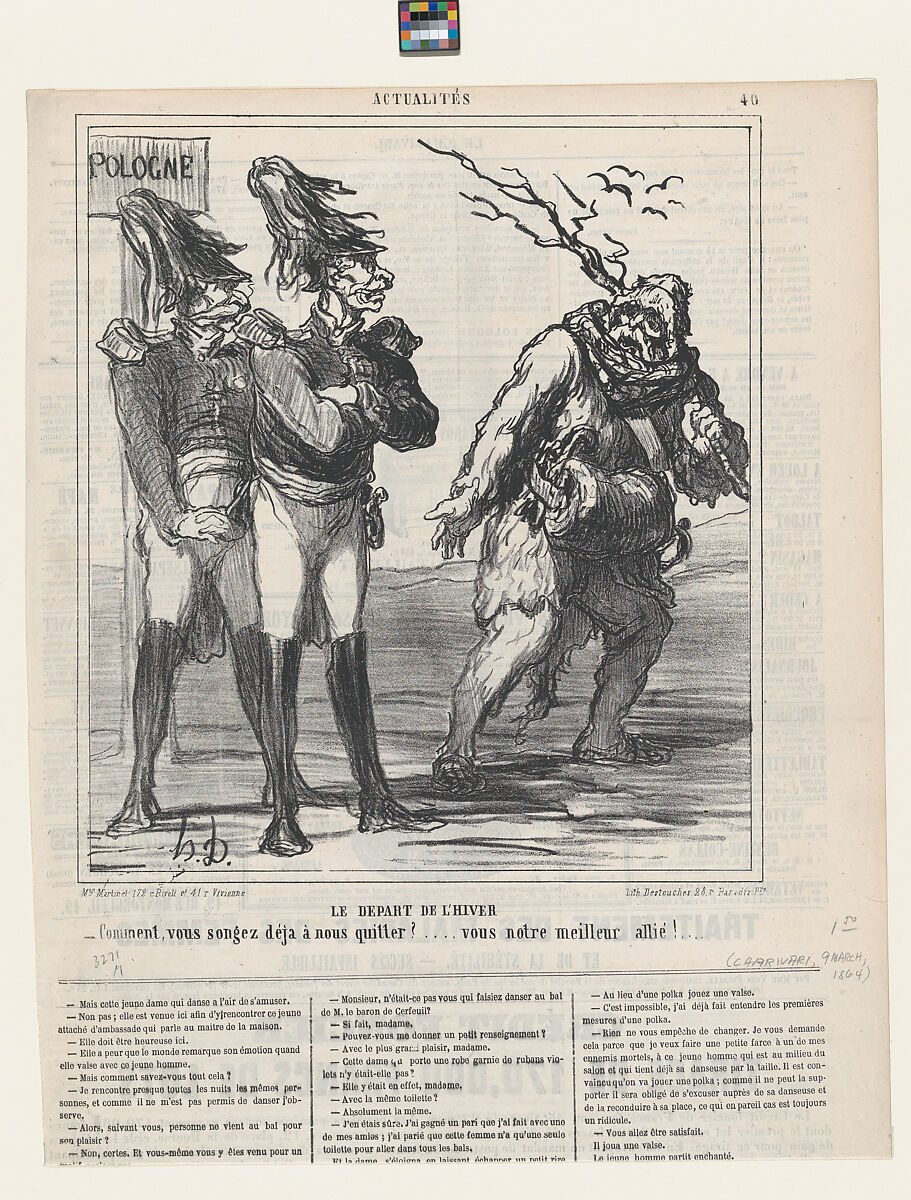 Winter's departure, from 'News of the day,' published in Le Charivari, March 9, 1864, Honoré Daumier (French, Marseilles 1808–1879 Valmondois), Lithograph on newsprint; second state of two (Delteil) 