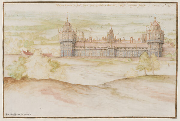 Nonsuch Palace from the South, Joris Hoefnagel  Netherlandish, Black chalk, pen and ink, with watercolor, heightened with white and gold on paper