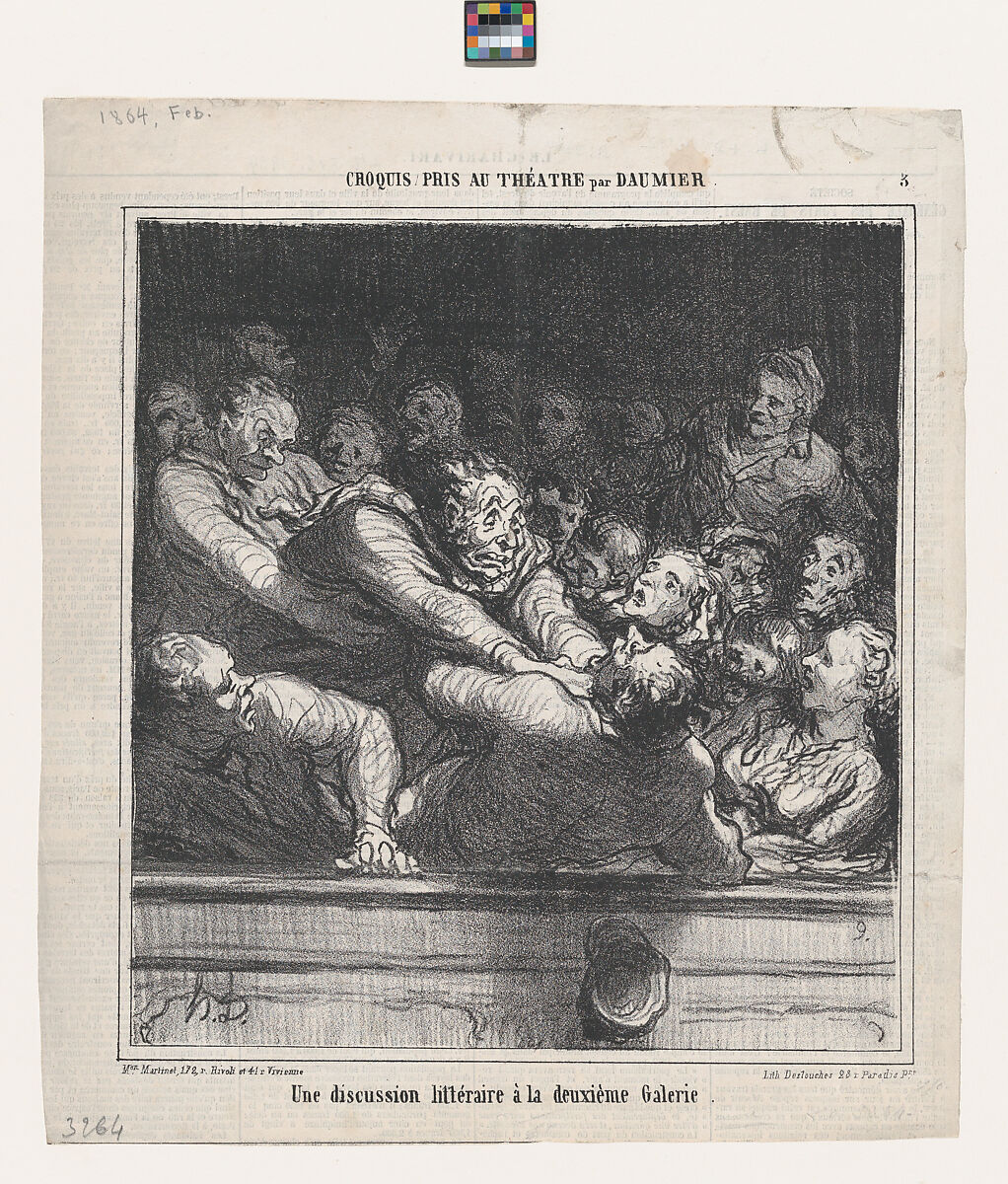 A literary argument on the second tier, from 'Theater sketches,' published in Le Charivari, February 27, 1864, Honoré Daumier (French, Marseilles 1808–1879 Valmondois), Lithograph; second state of two (Deltiel) 