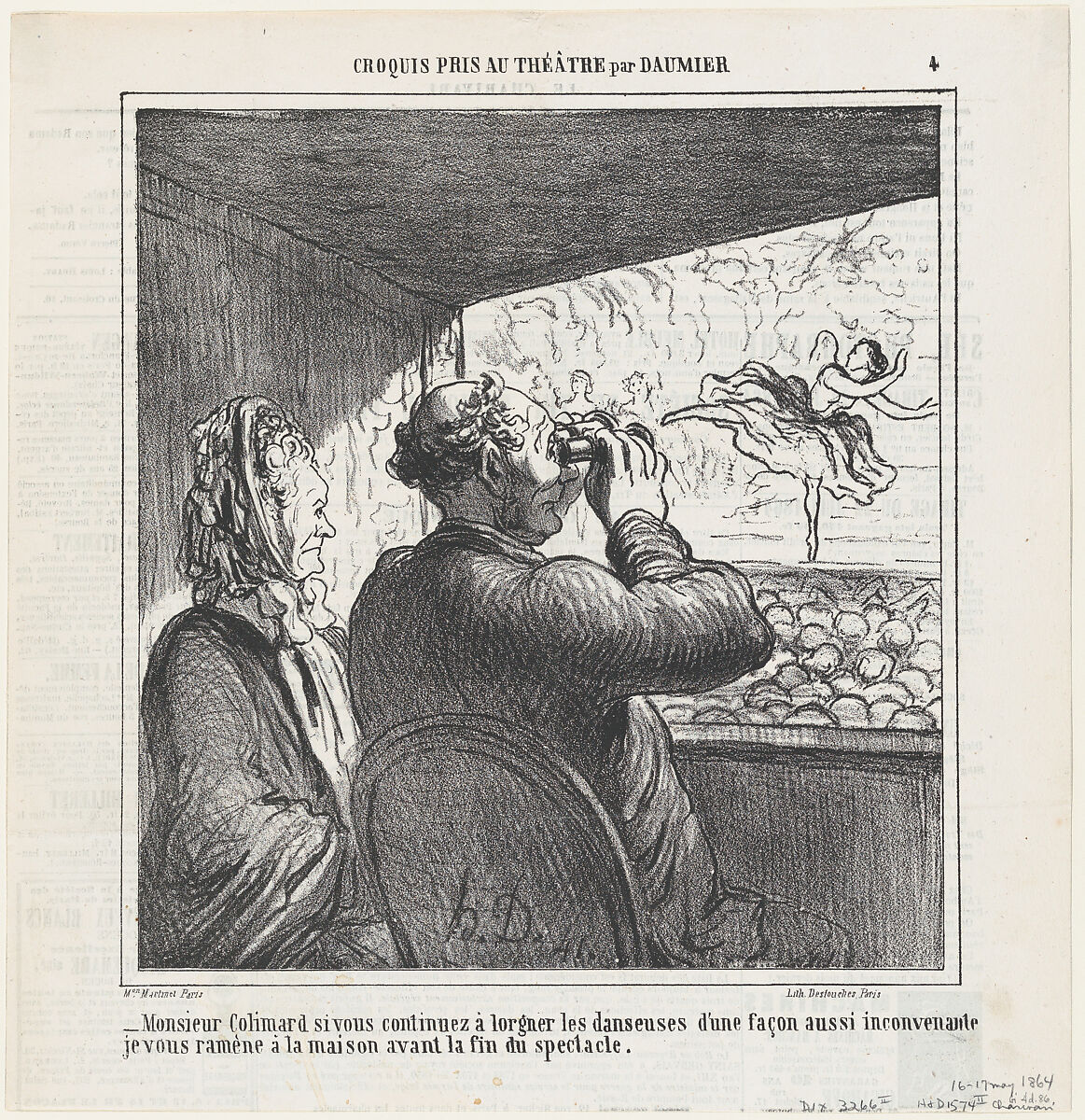 Mr. Colimard, if you don't immediately stop ogling the dancers..., from 'Theater sketches,' published in Le Charivari, May 4, 1864, Honoré Daumier (French, Marseilles 1808–1879 Valmondois), Lithograph on newsprint; second state of two (Delteil) 