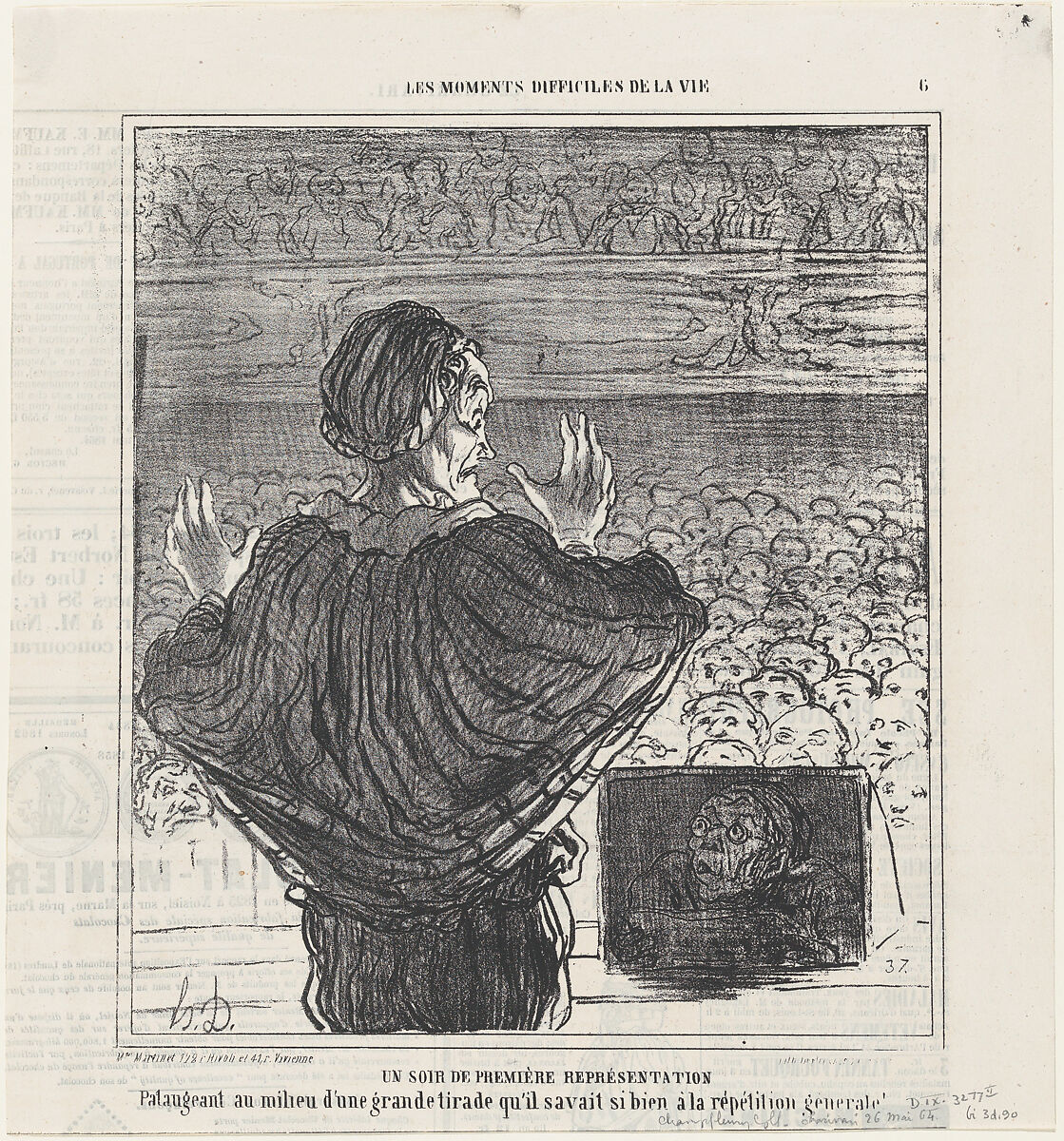 Opening night, from 'The difficult moments of life,' published in Le Charivari, May 26, 1864, Honoré Daumier (French, Marseilles 1808–1879 Valmondois), Lithograph on newsprint; second state of two (Delteil) 