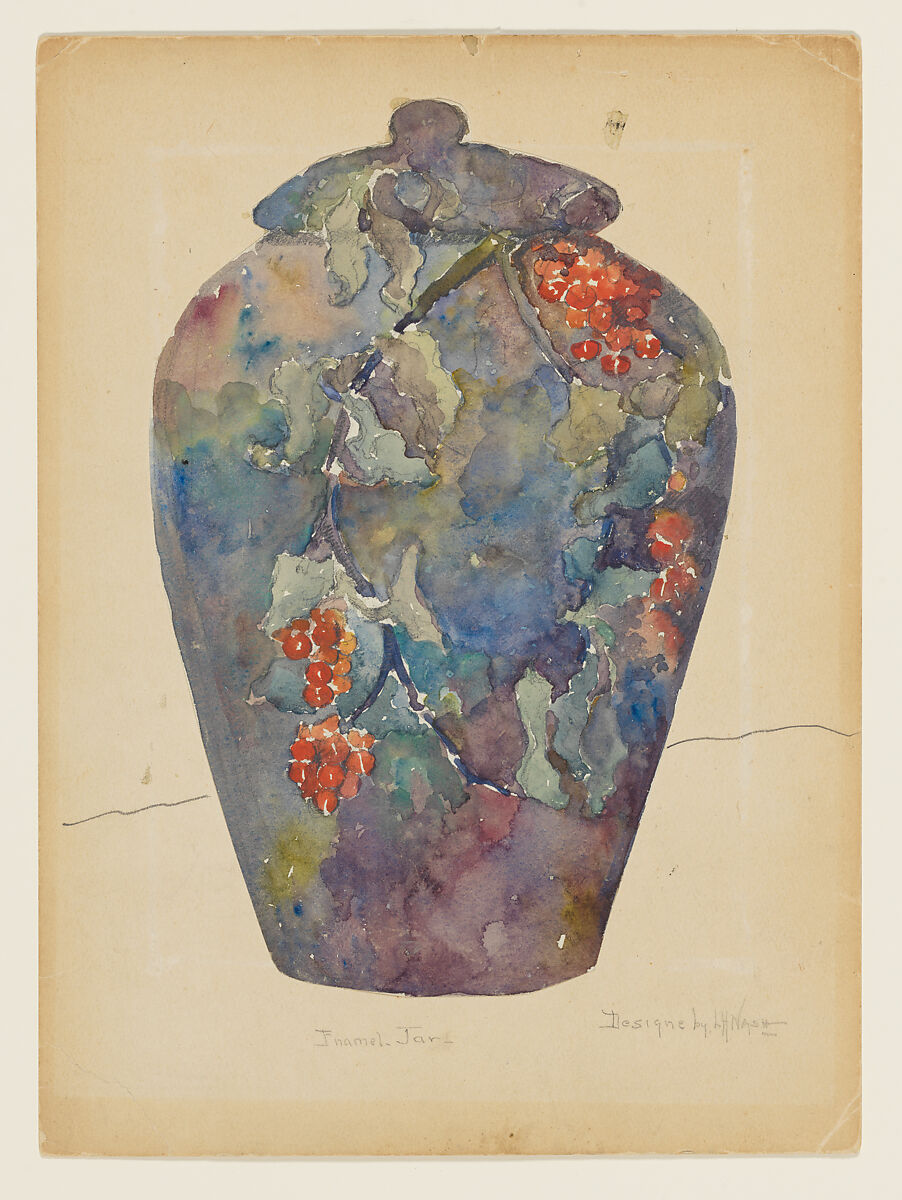 Design drawing for enameled covered jar, Louis C. Tiffany (American, New York 1848–1933 New York), Watercolor and graphite on paper, American