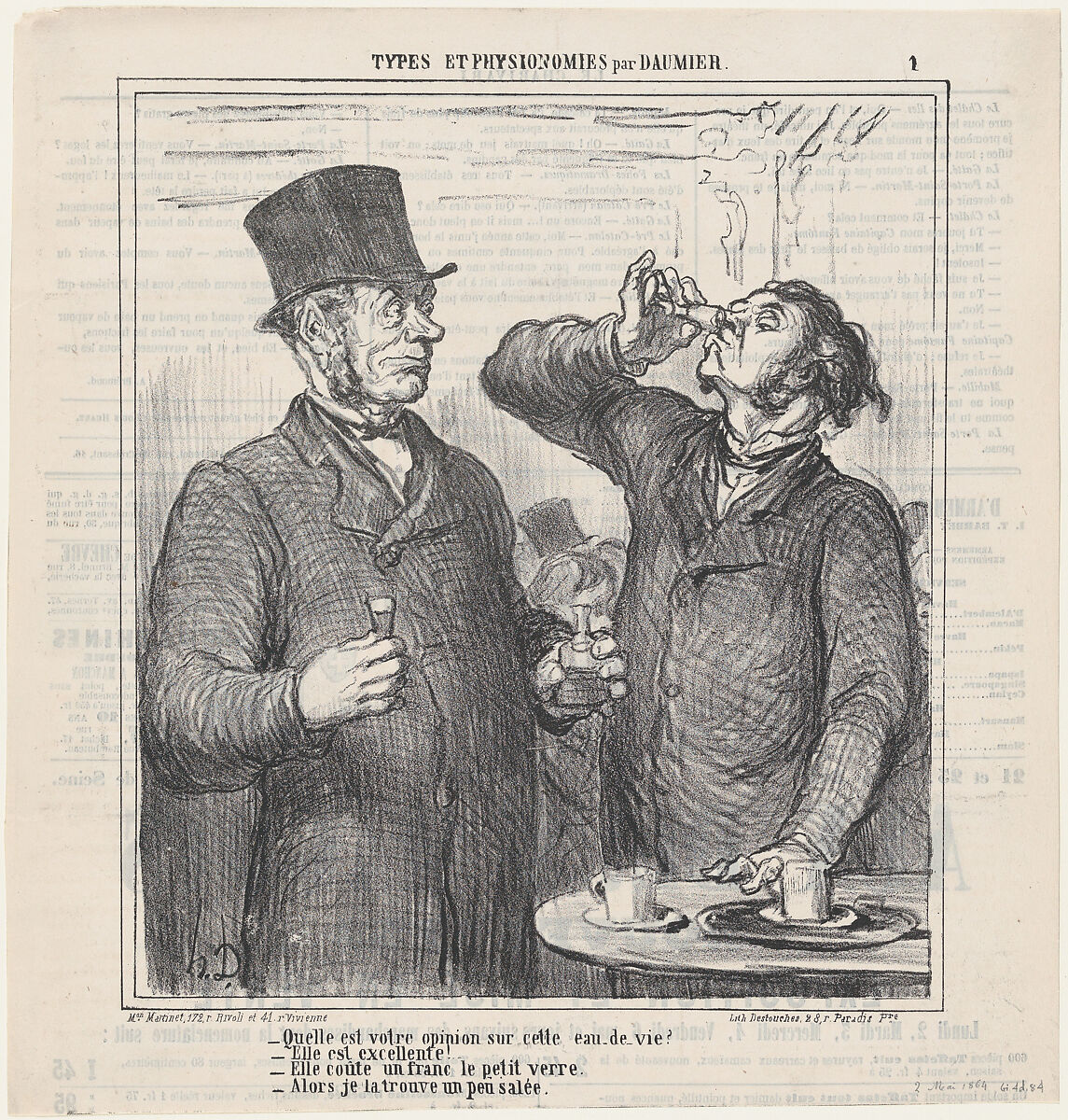 What's your opinion of this brandy?, from 'Types and features,' published in Le Charivari, May 2, 1864, Honoré Daumier (French, Marseilles 1808–1879 Valmondois), Lithograph on newsprint; second state of two (Delteil) 