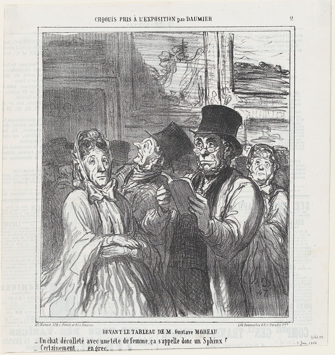 In front of Mr. Gustave Moreau's paintings, from 'Exhibition sketches,' published in Le Charivari, June 3, 1864, Honoré Daumier (French, Marseilles 1808–1879 Valmondois), Lithograph on newsprint; second state of two (Delteil) 