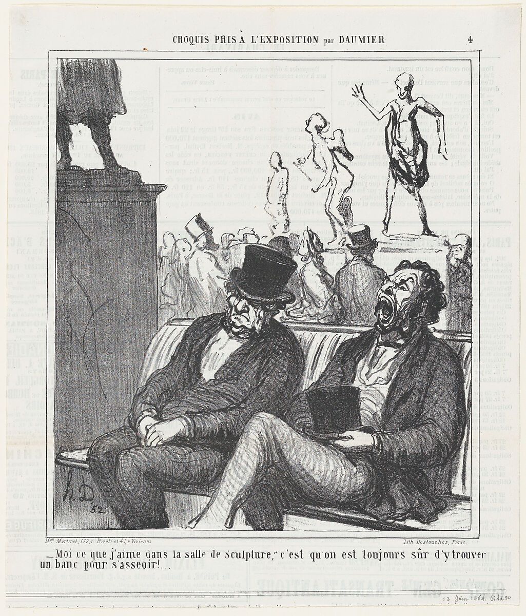That's what I like about the sculpture room...., from 'Exhibition sketches,' published in Le Charivari, June 13, 1864, Honoré Daumier (French, Marseilles 1808–1879 Valmondois), Lithograph on newsprint; second state of two (Delteil) 