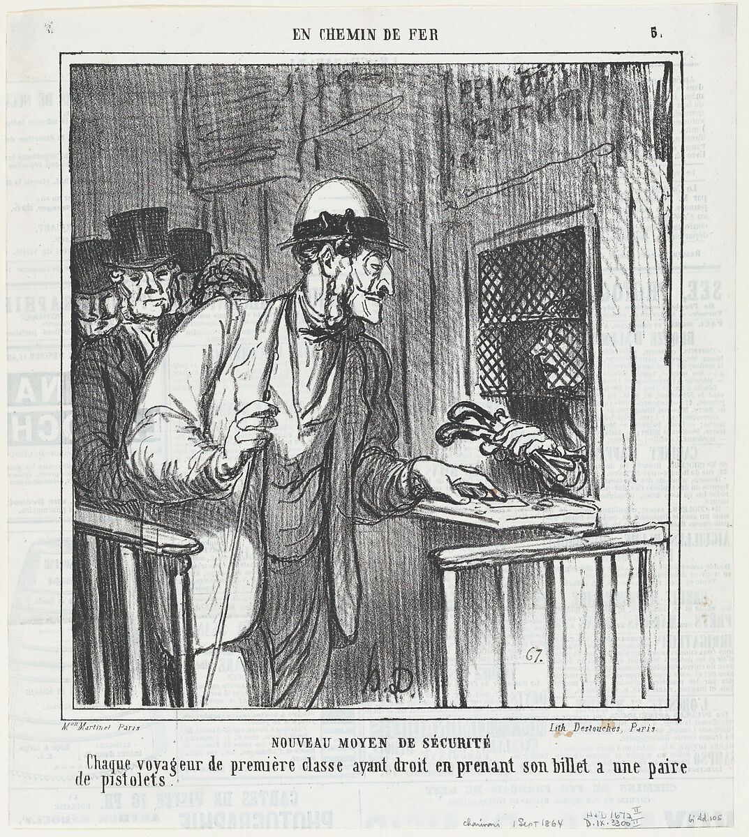 New security measures, from 'On the train,' published in Le Charivari, September 1, 1864, Honoré Daumier (French, Marseilles 1808–1879 Valmondois), Lithograph on newsprint; second state of two (Delteil) 