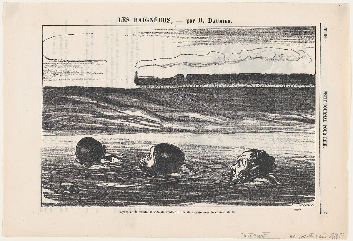 Having had the ambitious idea to outswim the train, from 'The bathers,' published in Le Petit Journal pour Rire, August 6, 1864, Honoré Daumier (French, Marseilles 1808–1879 Valmondois), Lithograph on newsprint; third state of three (Deltiel) 