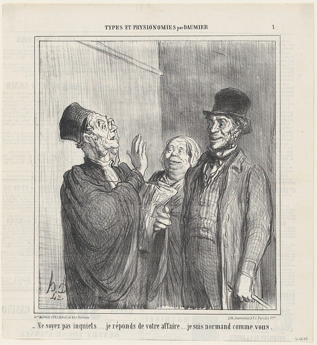Don't worry, I'll take good care of your case, I am from Normandy, just like you, from 'Types and features,' published in Le Charivari, June 21, 1864, Honoré Daumier (French, Marseilles 1808–1879 Valmondois), Lithograph on newsprint; third state of three (Delteil) 
