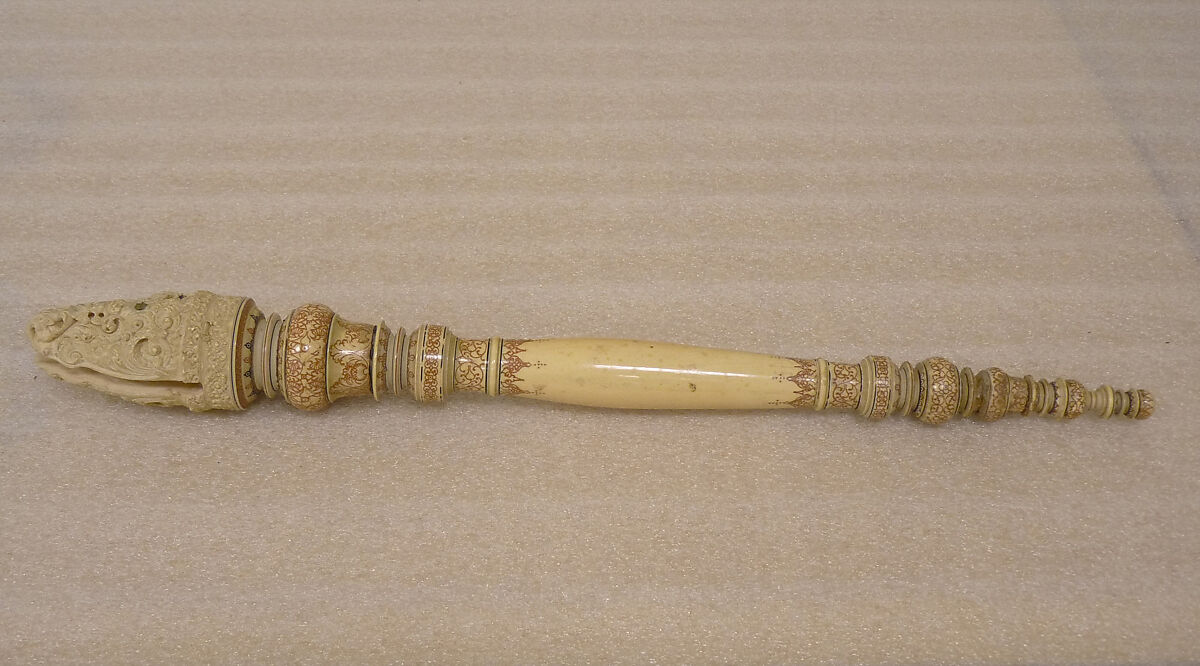 Fan (Chauri) Handle and Finial, Ivory with engraved and painted design, Sri Lanka (Kandy district) 
