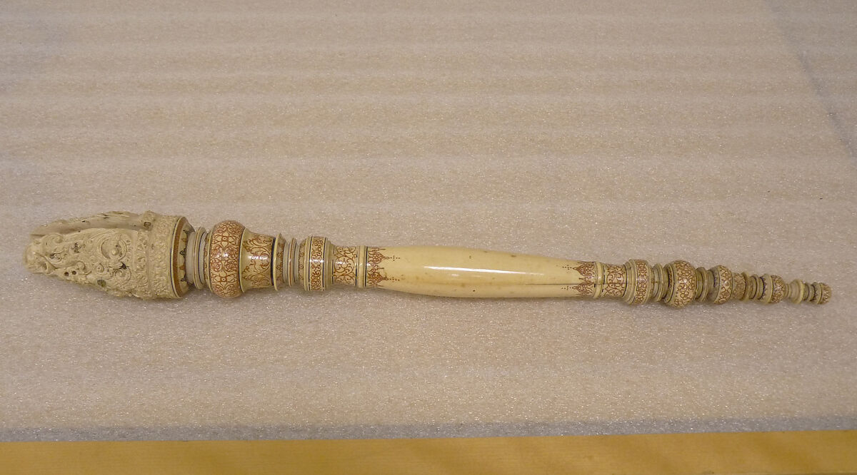 Fan (Chauri) Handle and Finial, Ivory with engraved and painted design, Sri Lanka (Kandy district)