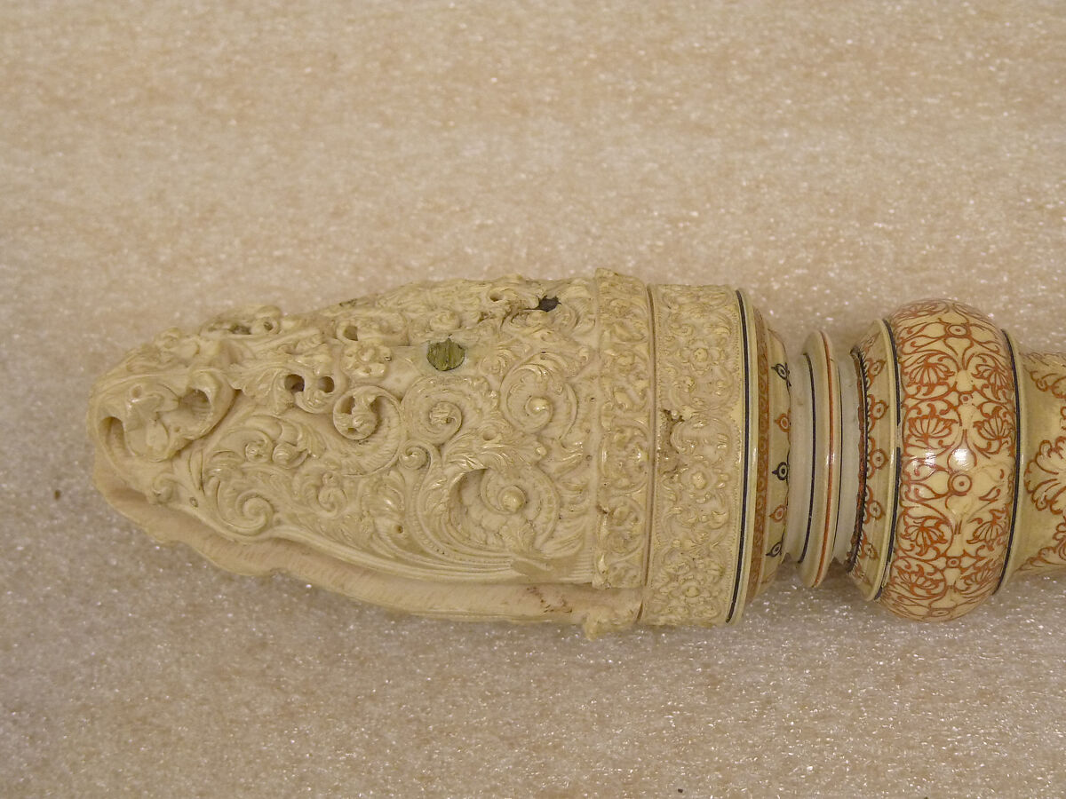 Fan (Chauri) Handle and Finial, Ivory with engraved and painted design, Sri Lanka (Kandy district)