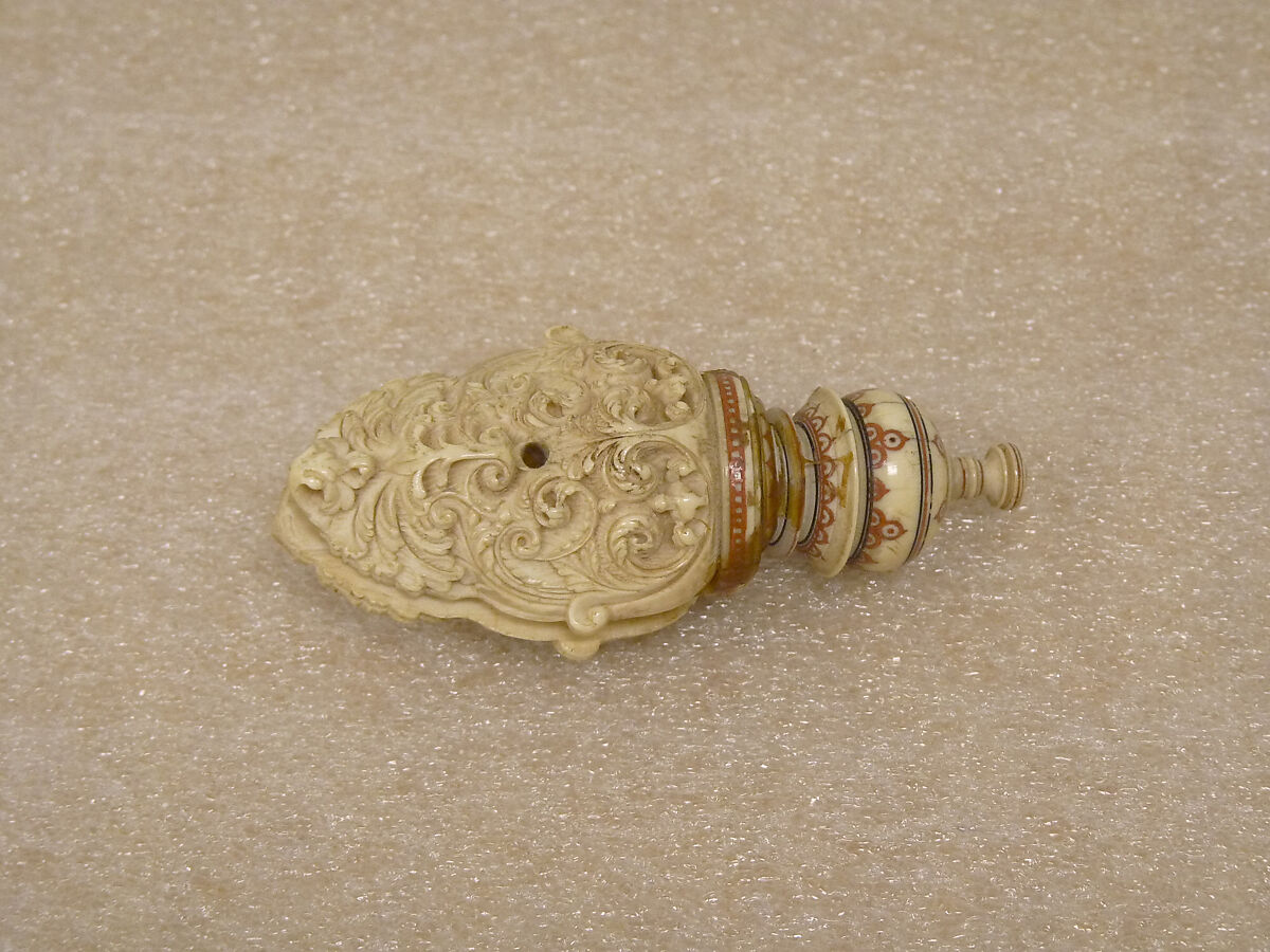 Fan (Chauri) Handle and Finial, Ivory with engraved and painted design, Sri Lanka (Kandy district)