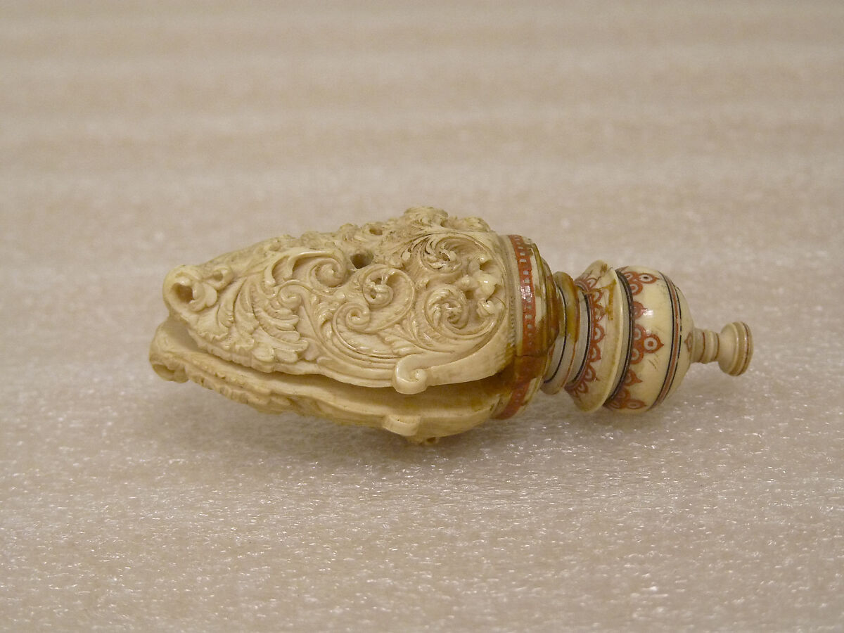 Fan (Chauri) Handle and Finial, Ivory with engraved and painted design, Sri Lanka (Kandy district)