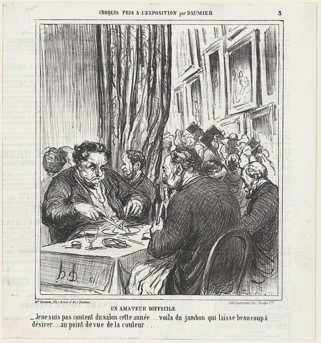 A difficult patron of the arts, from 'Exhibition sketches,' published in Le Charivari, June 17, 1864, Honoré Daumier (French, Marseilles 1808–1879 Valmondois), Lithograph on newsprint; second state of two (Delteil) 