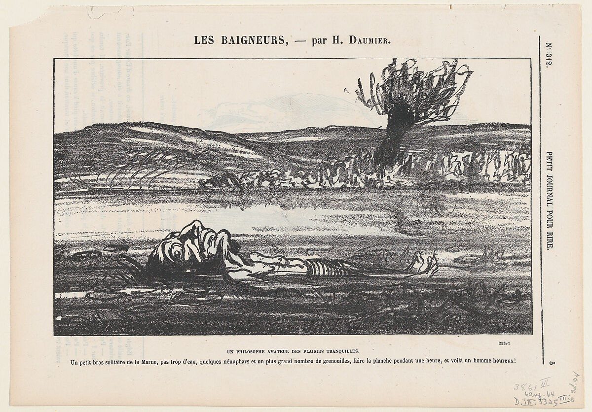 Philosophical contemplations of a lover of silent pleasures, from 'The bathers,' published in Le Petit Journal pour Rire, August 6, 1864, Honoré Daumier (French, Marseilles 1808–1879 Valmondois), Lithograph on newsprint; third state of three (Delteil) 