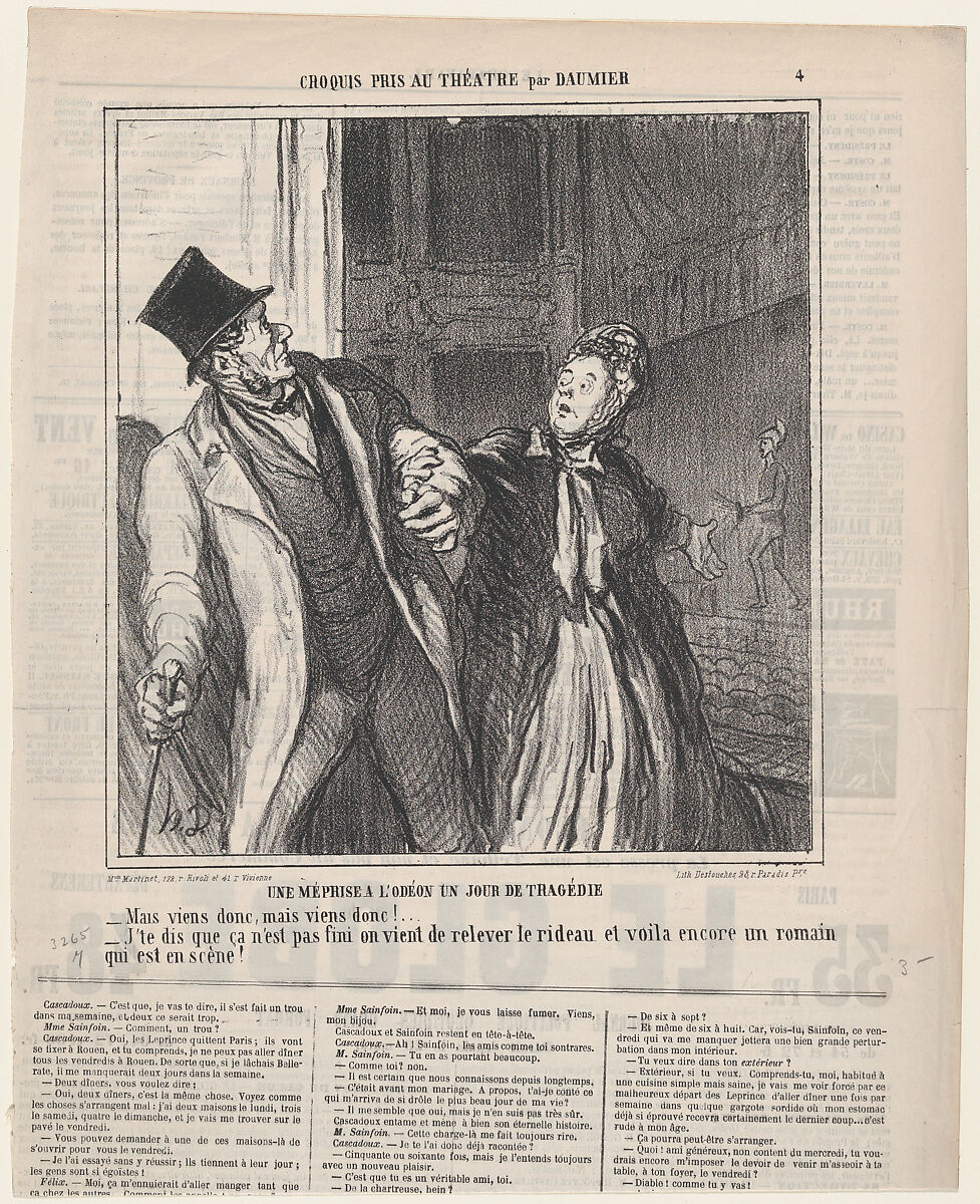 A misapprehension at the Odeon, on a day of drama, from 'Theater sketches,' published in Le Charivari, May 4, 1864, Honoré Daumier (French, Marseilles 1808–1879 Valmondois), Lithograph on newsprint; second state of two (Delteil) 