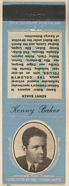 Kenny Baker from Movie Stars Match Cover design series (U21) issued by Diamond Match Company, The Diamond Match Company, Printed matchbook 