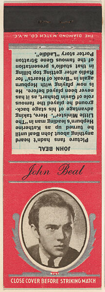 John Beal from Movie Stars Match Cover design series (U21) issued by Diamond Match Company, The Diamond Match Company, Printed matchbook 