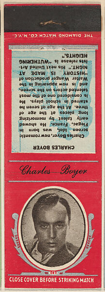 Charles Boyer from Movie Stars Match Cover design series (U21) issued by Diamond Match Company, The Diamond Match Company, Printed matchbook 