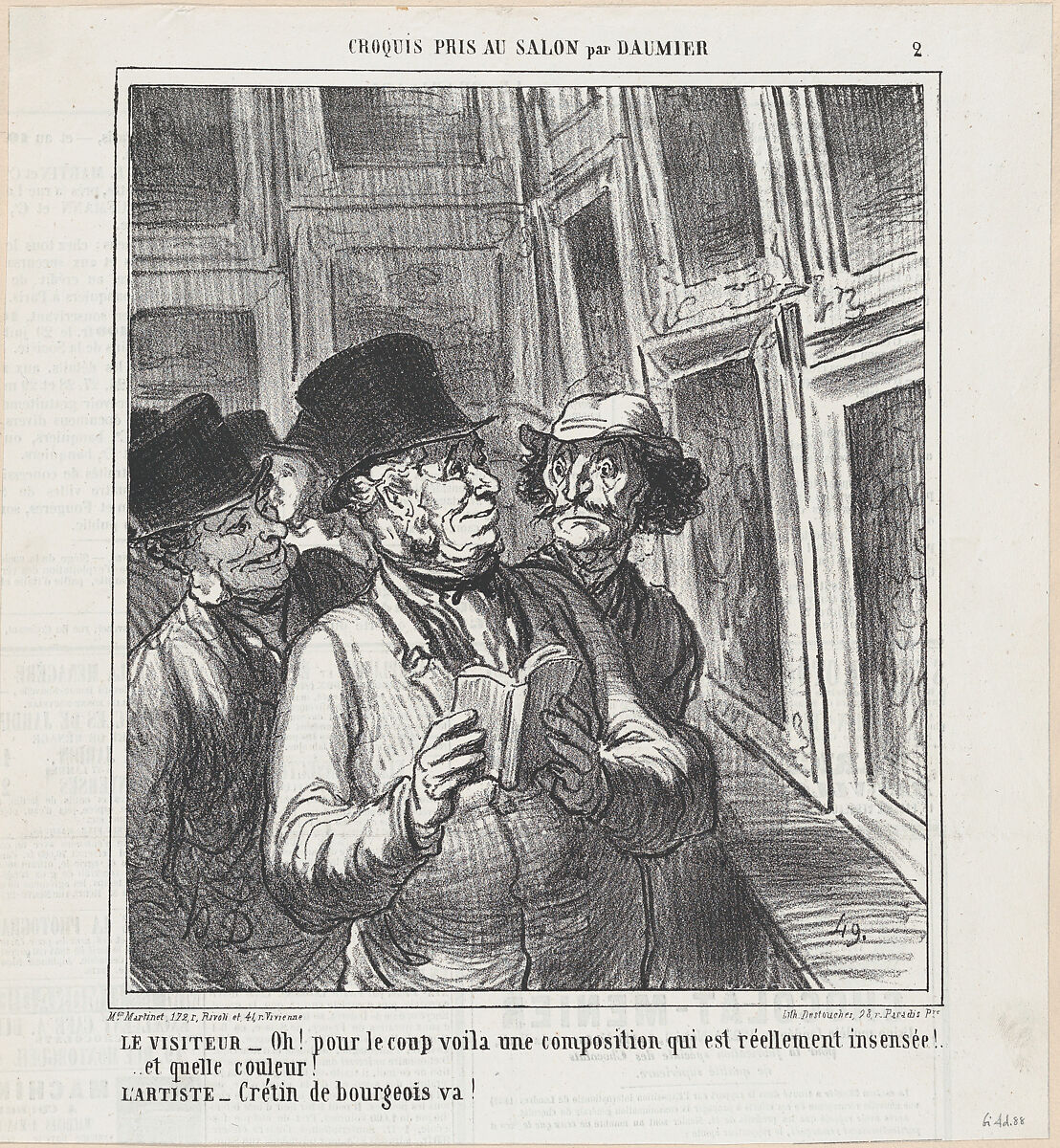 The visitor and the artist, from 'Sketches from the Salon,' published in Le Charivari, May 30, 1864, Honoré Daumier (French, Marseilles 1808–1879 Valmondois), Lithograph on newsprint; second state of two (Delteil) 