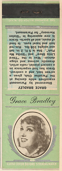 Grace Bradley from Movie Stars Match Cover design series (U21) issued by Diamond Match Company, The Diamond Match Company, Printed matchbook 