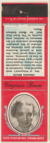 Virginia Bruce from Movie Stars Match Cover design series (U21) issued by Diamond Match Company, The Diamond Match Company, Printed matchbook 