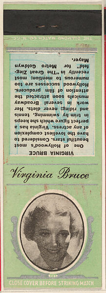 Virginia Bruce from Movie Stars Match Cover design series (U21) issued by Diamond Match Company, The Diamond Match Company, Printed matchbook 