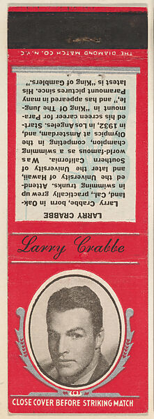 Larry Crabbe from Movie Stars Match Cover design series (U21) issued by Diamond Match Company, The Diamond Match Company, Printed matchbook 